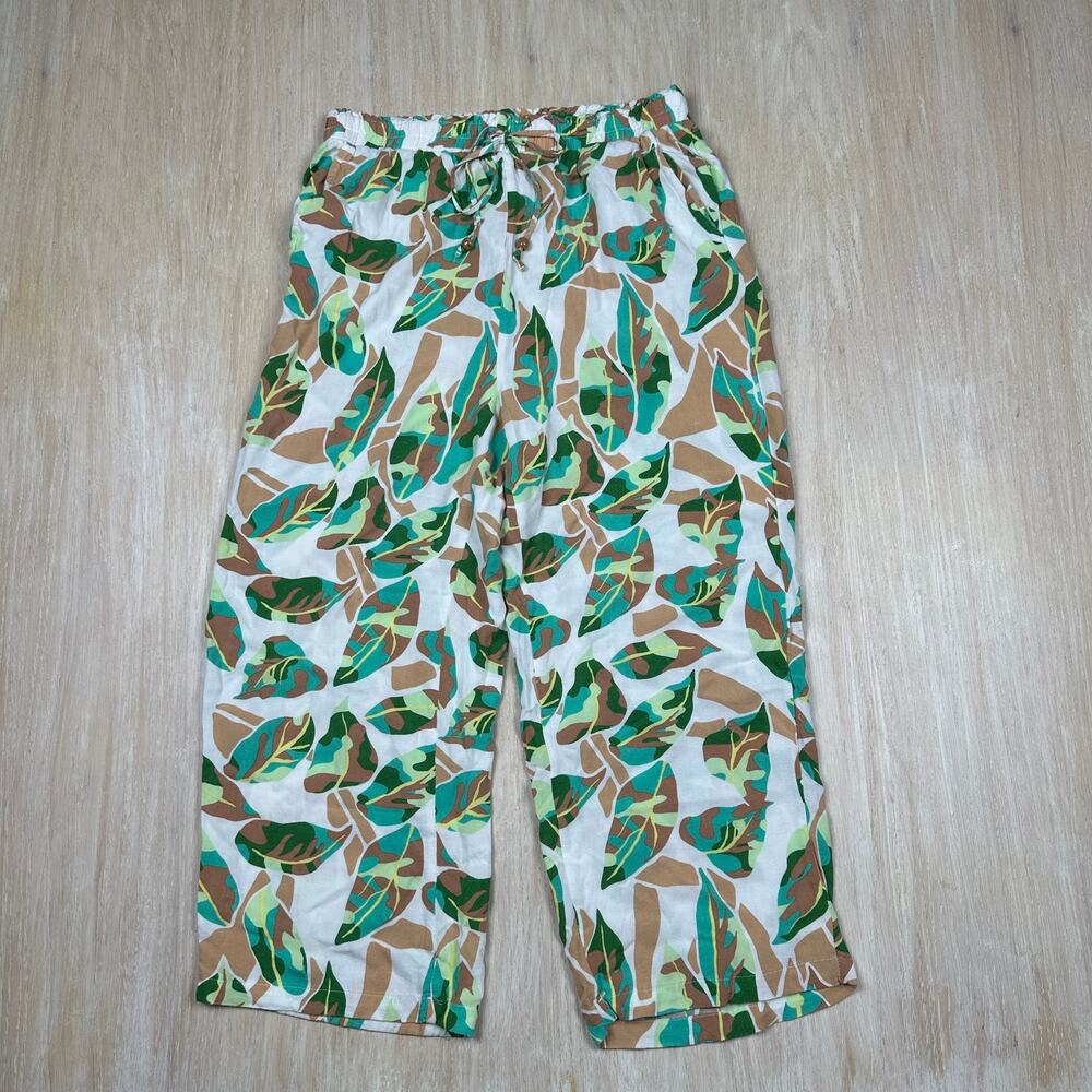 Jane and Delancey Green Leaf Print Drawstring Festival Wide Leg Pants Medium